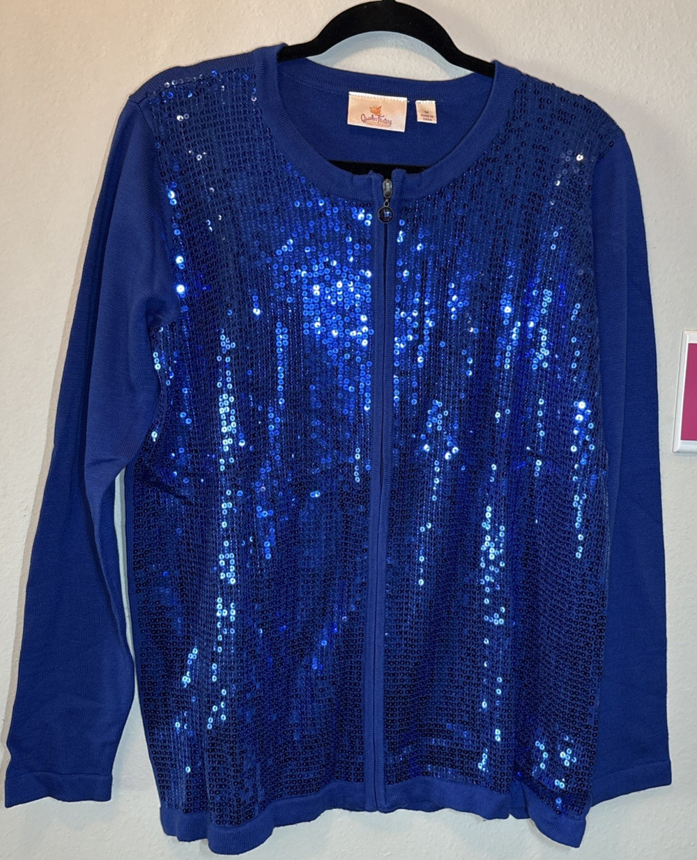 Quacker Factory Womens Medium Royal Blue Zip Sweater w/Sequins on the Front NWOT